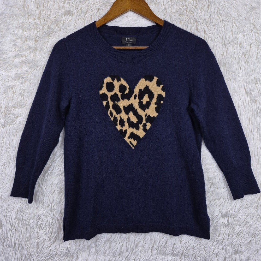 J.Crew Navy Blue 100% Cashmere Leopard Heart Sweater J6441 Womens M 3/4 Sleeve